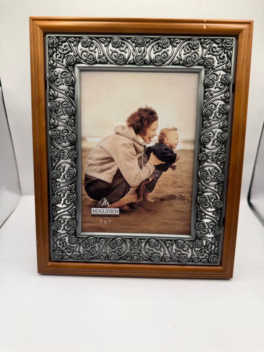 Malden 5x7 Floral Pewter Tone & Wood Picture Frame Rose Scroll Design
